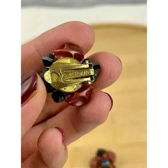 VTG Brown Black  Beaded Cluster Clip On Earrings Brass Germany 1960s - Picture 3 of 12